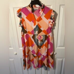 First Love by Lovelyn Geometric Midi Dress in Pink & Orange with a Flaw